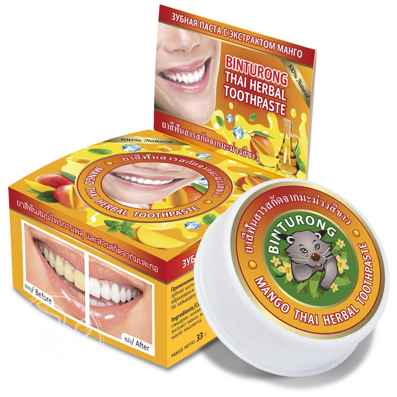 Круглая зубная Паста с Экстрактом манго Binturong Mango Thai Herbal Toothpaste Binturong Круглые зубные пасты
